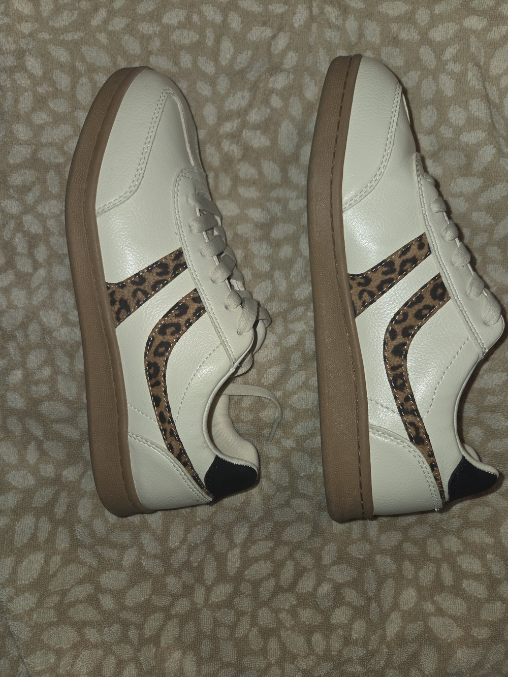 Limelight Cream Sneakers with Leopard Accent and Brown Sole. Worn Once Too Large